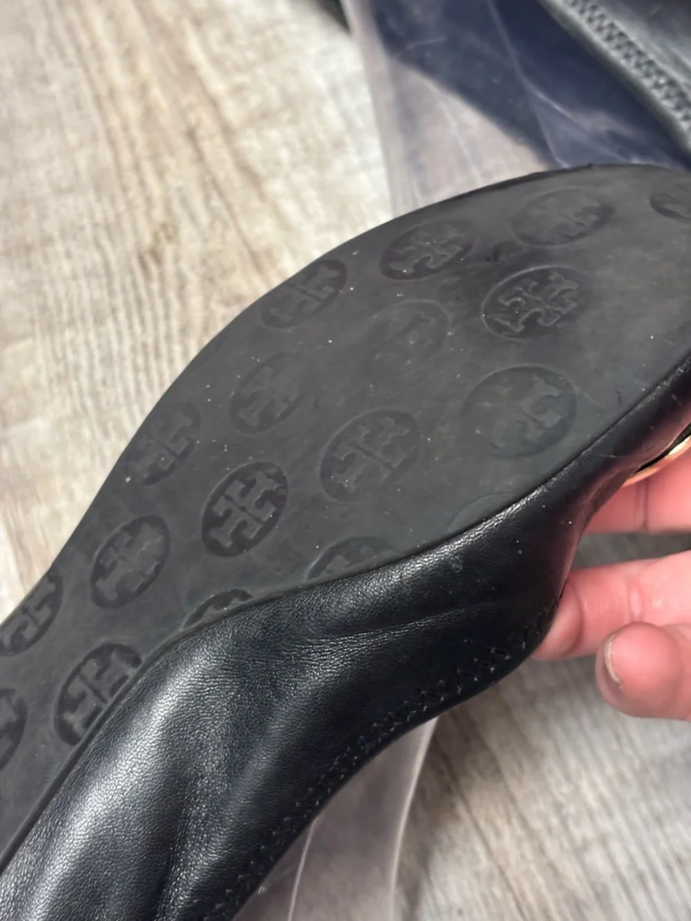Tory Burch Reva Black Leather Logo Ballet Flat with Gold Medallion